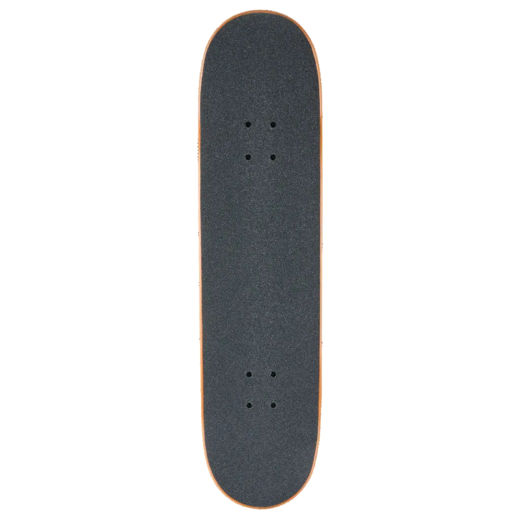 A skateboard deck viewed from directly above, featuring a dark gray grip tape surface with a thin orange edge and four sets of mounting holes, isolated on a white background.