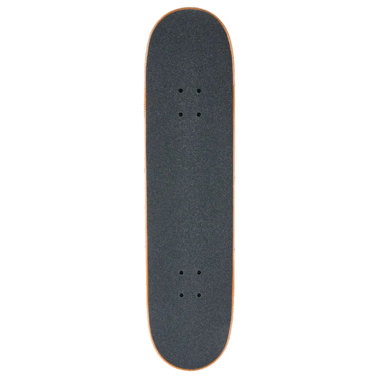 A skateboard deck viewed from directly above, featuring a dark gray grip tape surface with a thin orange edge and four sets of mounting holes, isolated on a white background.