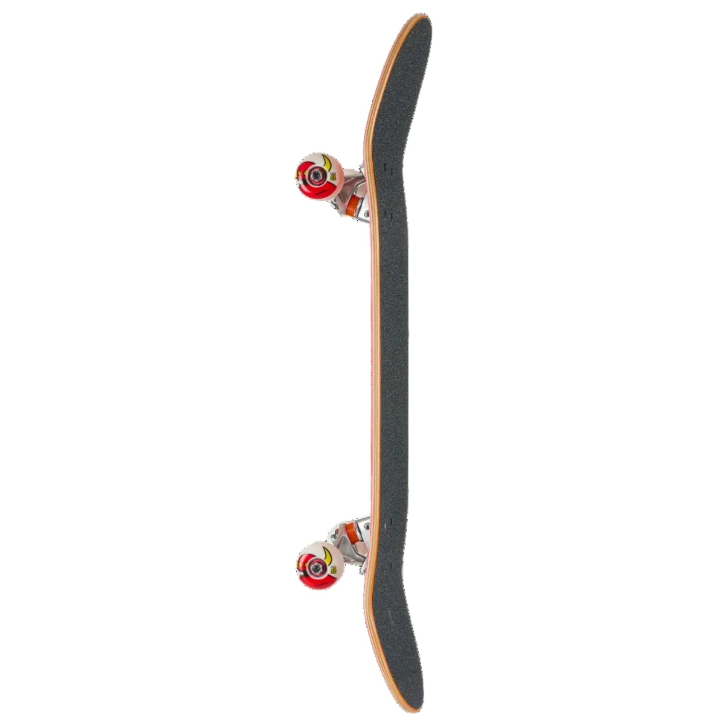 A skateboard shown vertically against a solid white background, displaying its black grip tape deck, natural wood edge, and colorful wheels.