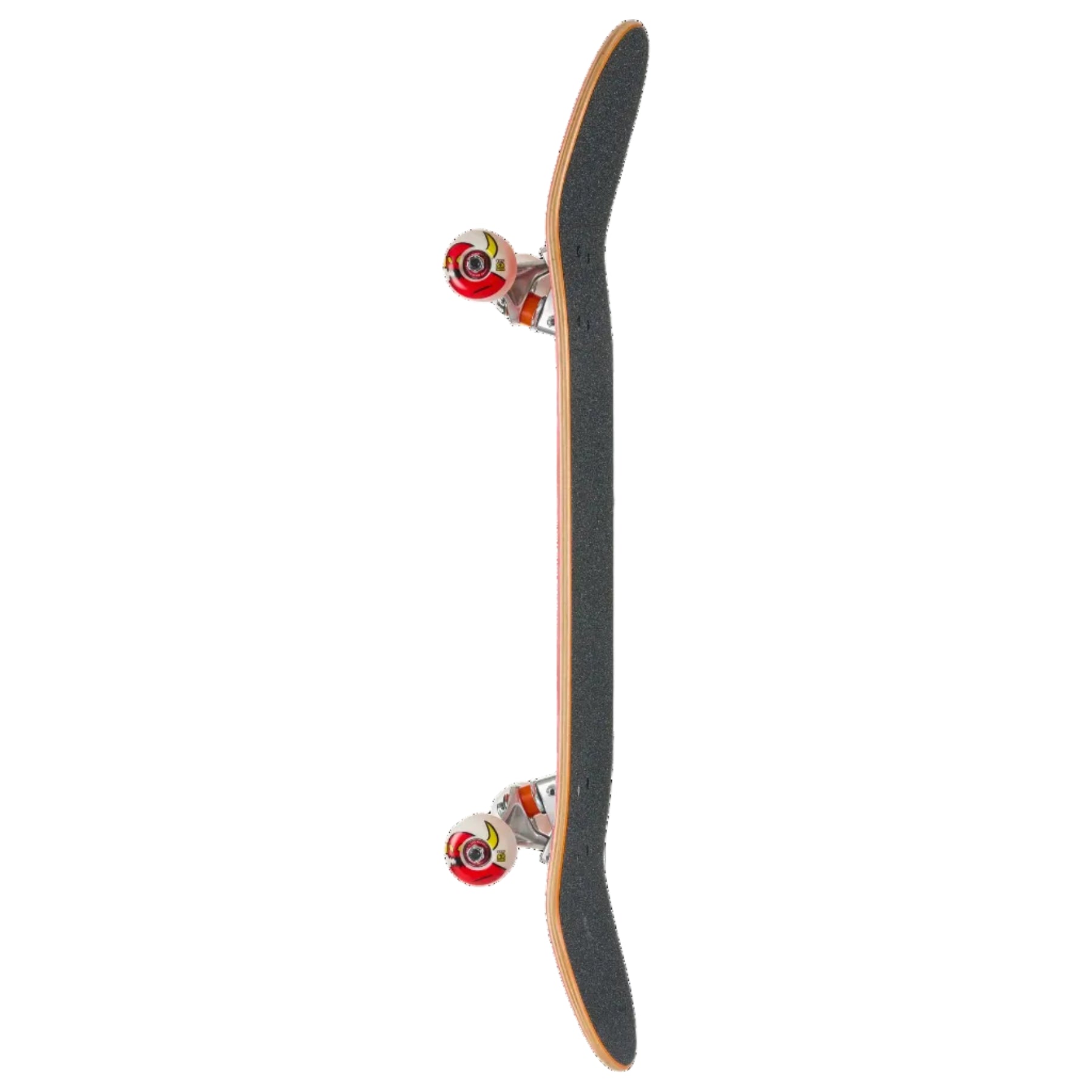 A skateboard shown vertically against a solid white background, displaying its black grip tape deck, natural wood edge, and colorful wheels.