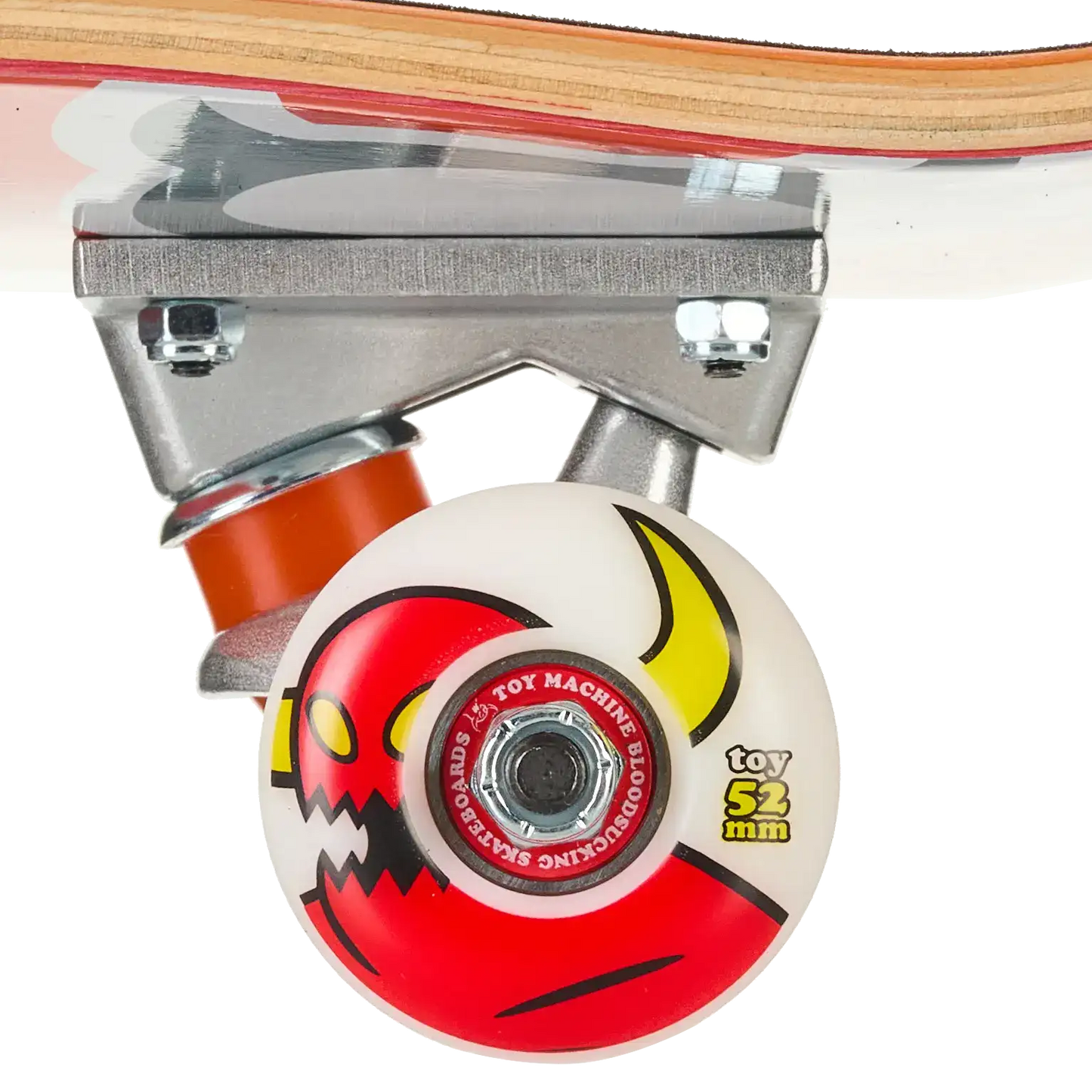 Close-up of a skateboard wheel and truck assembly on a white background. The wheel is white with a red devil face graphic, mounted on a silver metal truck with an orange bushing.