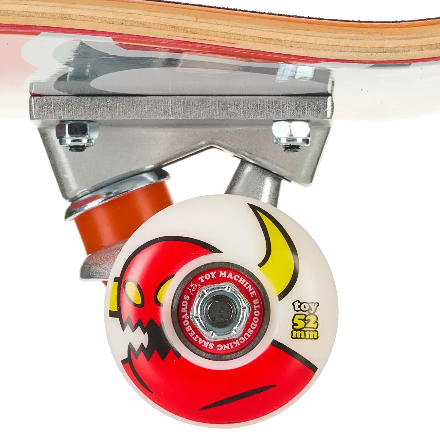 Close-up of a skateboard wheel and truck assembly on a white background. The wheel is white with a red devil face graphic, mounted on a silver metal truck with an orange bushing.