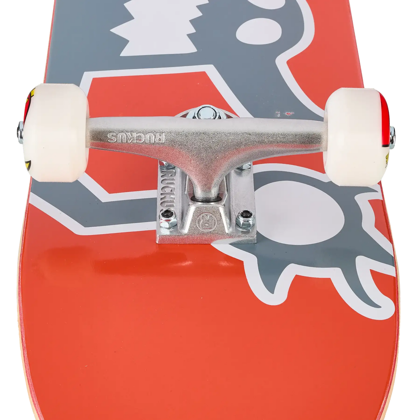 Close-up of the front section of a skateboard deck with a bright red base, a gray and white graphic design, and silver trucks with white wheels. The brand name 'ROCKY'S' is visible on the truck hardware.