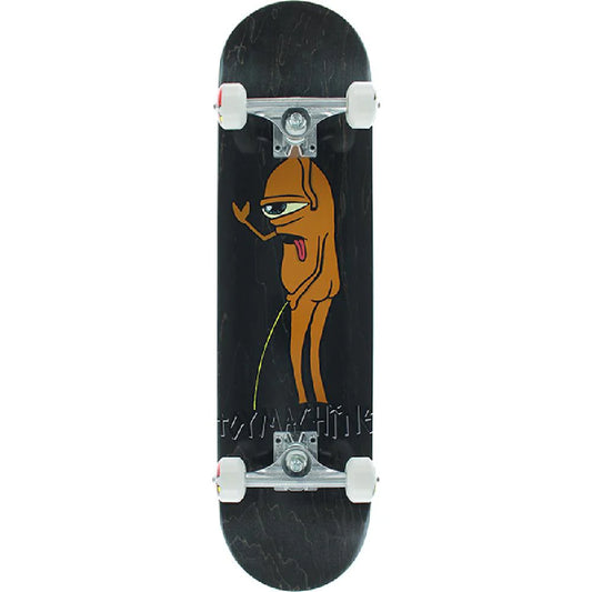Skateboard with a cartoon character design on a black background