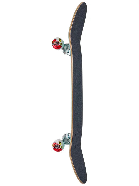 Skateboard with a black deck and colorful wheels on a white background