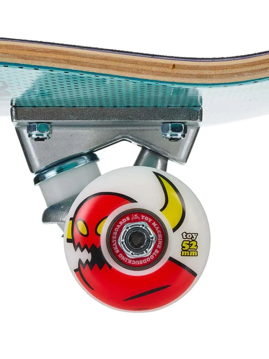 Close-up of a skateboard wheel with a colorful design on a white background