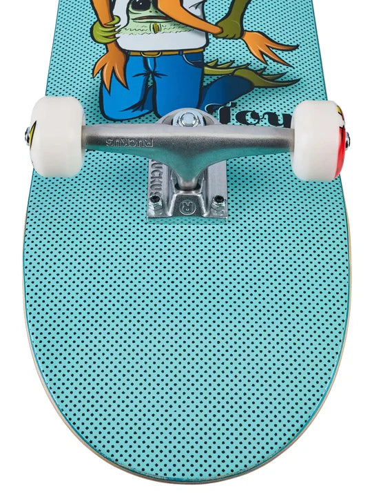 Skateboard with a cartoon character design on the deck, showing the underside with trucks and wheels.