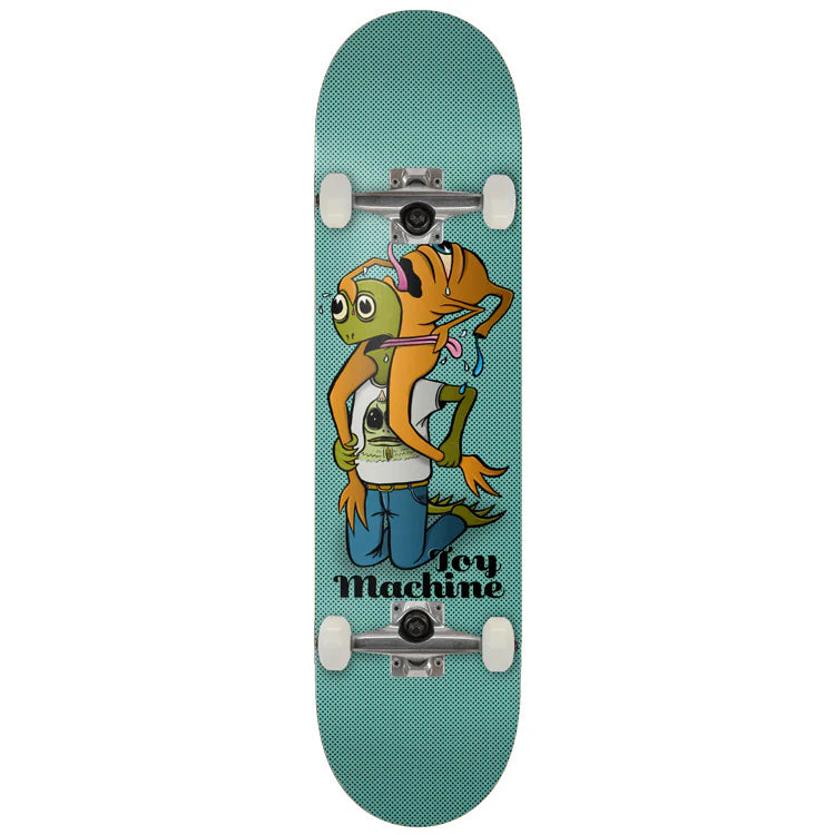 Skateboard with cartoon frog design on a teal background