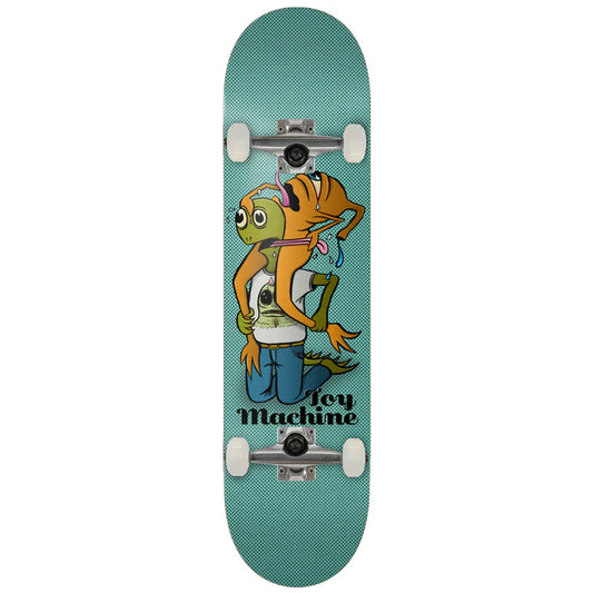 Skateboard with cartoon frog design on a teal background
