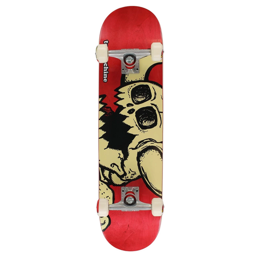 Skateboard with a red deck featuring a black and beige design on a white background