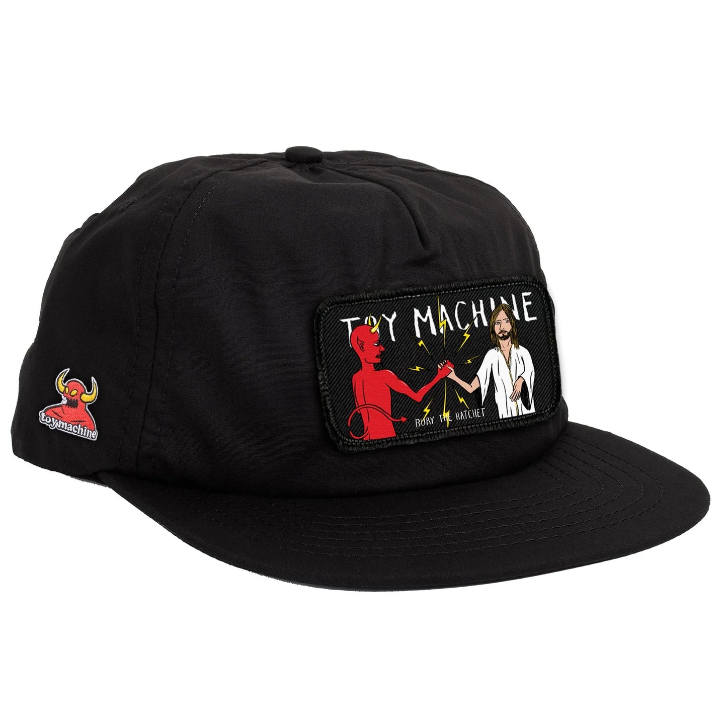 A black five-panel cap featuring a prominent front patch with 'TOY MACHINE' text and a red devil illustration, plus a small red devil logo on the side, photographed on a white background.