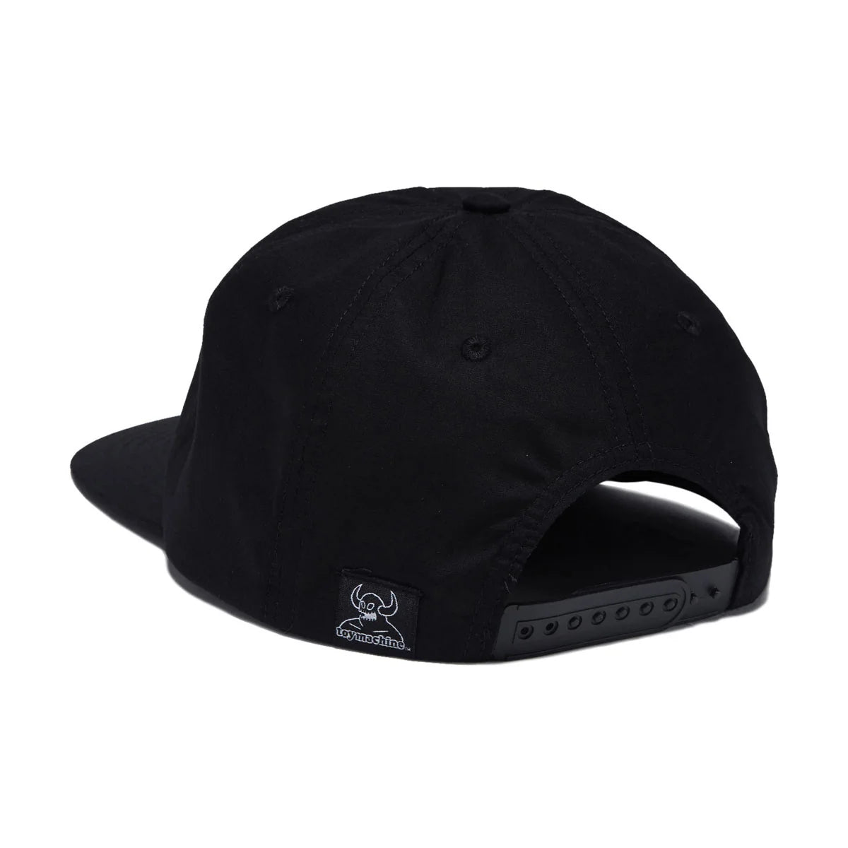 A black snapback cap shown from the back, featuring a small embroidered logo patch on the side and a black plastic snap closure, set against a plain white background.