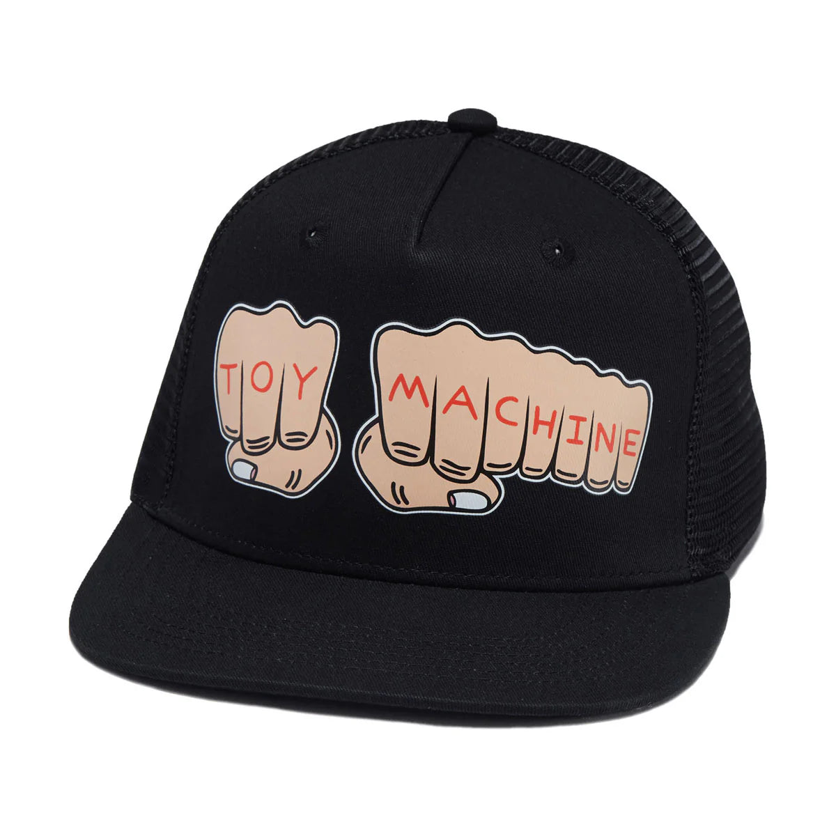 Black cap with cartoon fists and 'Toy Machine' text on a white background