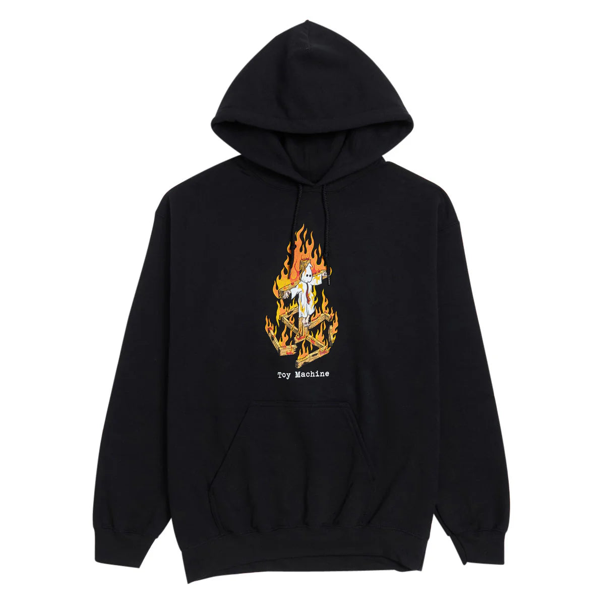 Black hoodie with a flame design and 'Toy Machine' logo on a white background