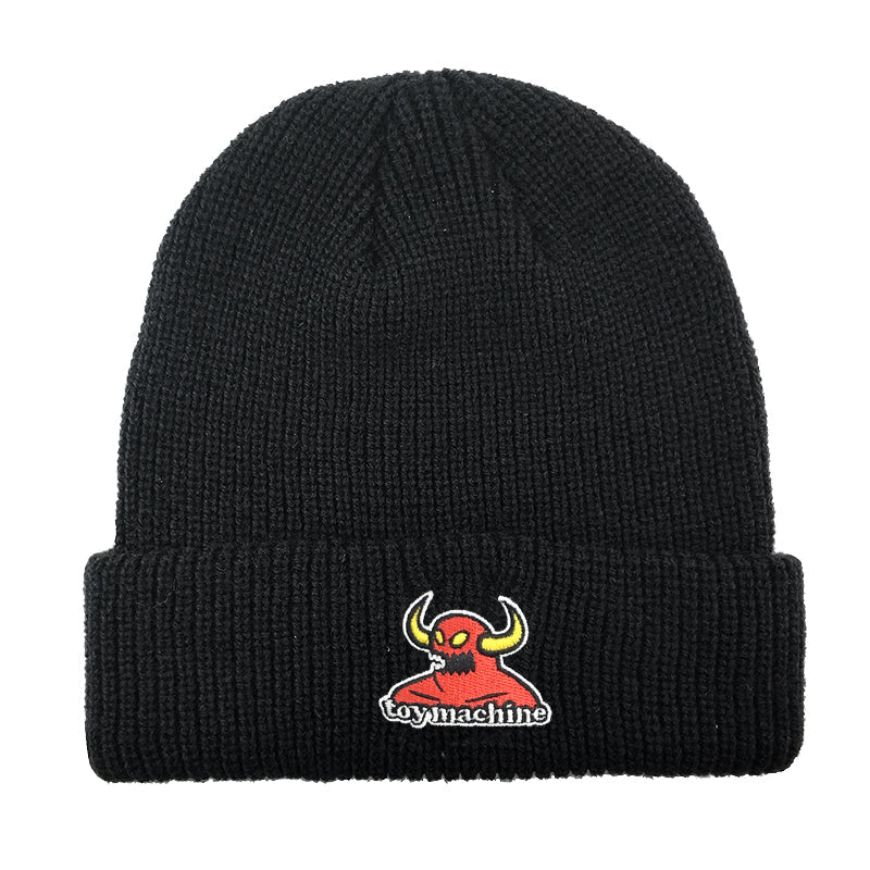 Black beanie with a red and yellow logo on a white background