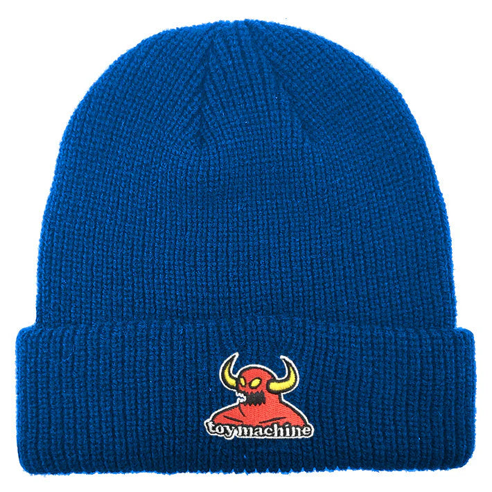 Blue beanie with a red and white logo on a white background