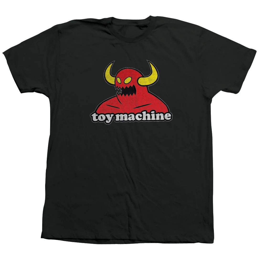 Black t-shirt with a red and yellow graphic and 'toy machine' text on a white background