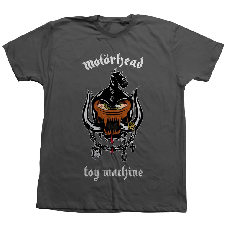 A dark gray short-sleeve t-shirt featuring the Motorhead 'Toy Machine' band graphic on the front, displayed flat against a white background.