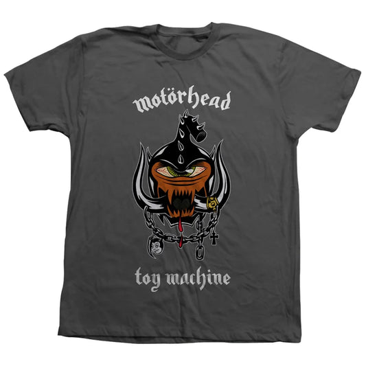 A dark gray short-sleeve t-shirt featuring the Motorhead 'Toy Machine' band graphic on the front, displayed flat against a white background.