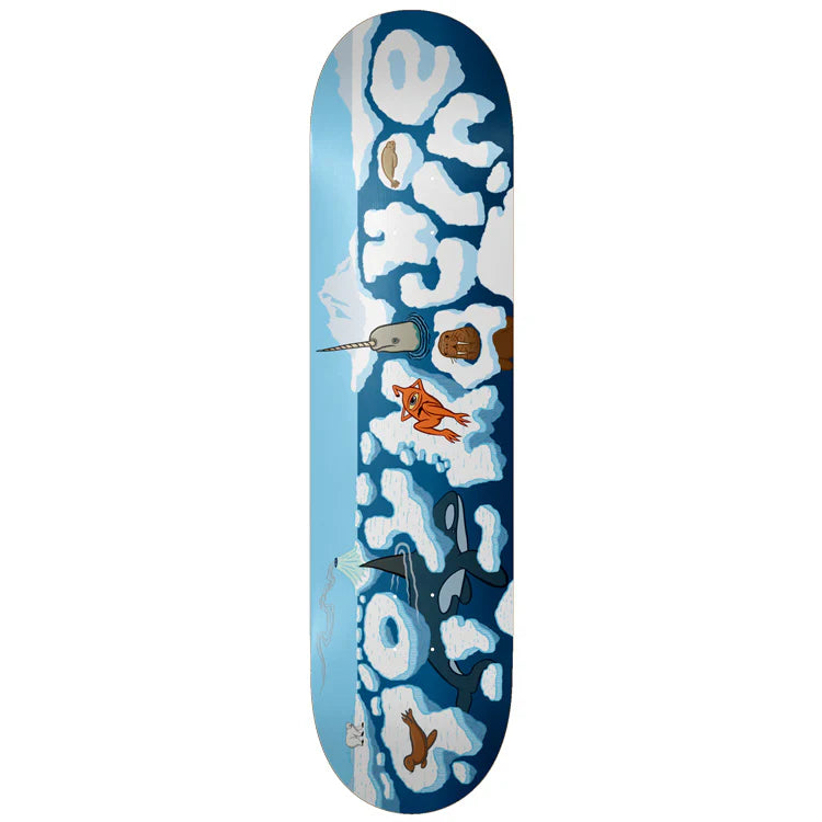 Skateboard deck with cartoon shark and whale design on a blue and white background