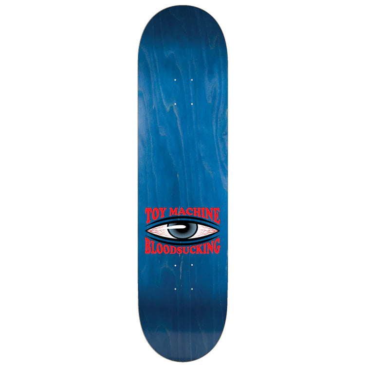 Blue skateboard deck with 'Toy Machine' and 'Bloodsucking' text on a white background