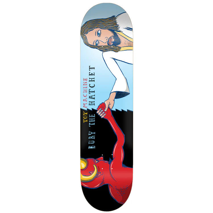 Skateboard deck with artistic design of a person holding a hatchet, on a white background