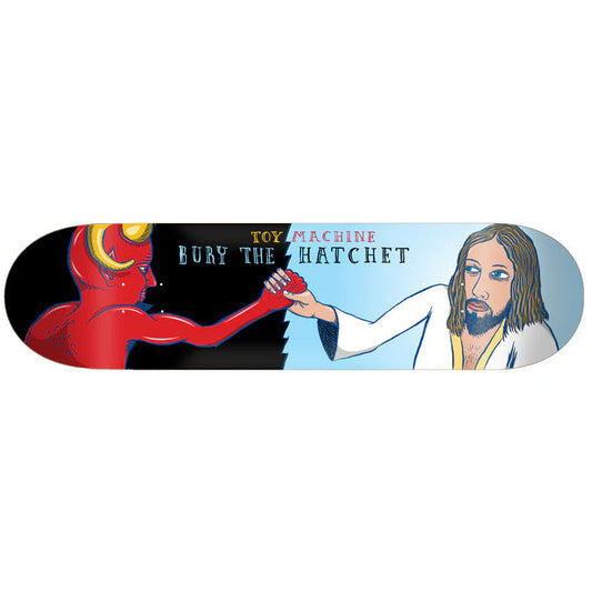 Skateboard deck with graphic design of a red figure and a person in a white coat, featuring the brand 'Toy Machine'.