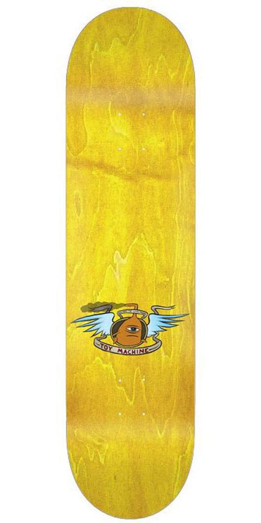Yellow skateboard deck with a logo on a white background