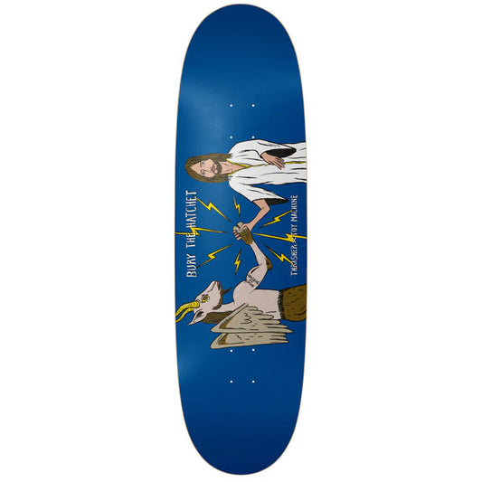 Skateboard deck with artistic design on a blue background