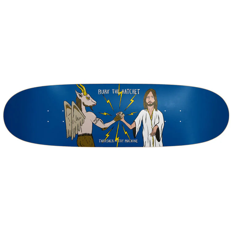 Skateboard deck with illustration of a angel and a devil shaking hands, featuring text 'Bury the Hatchet'.