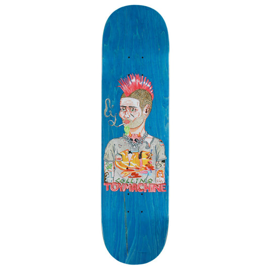 Skateboard deck with a colorful graphic design on a blue background
