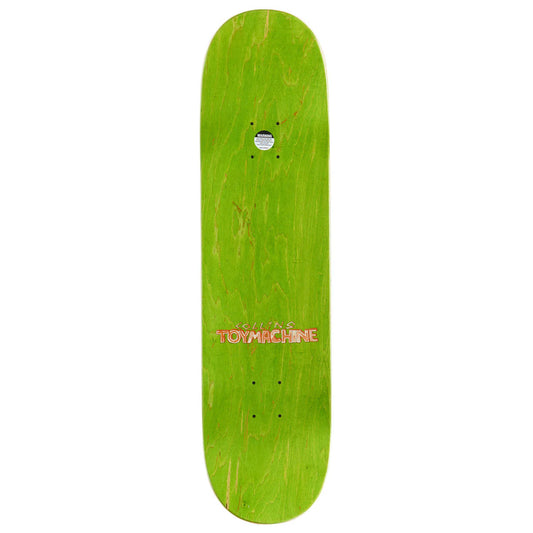 Green skateboard deck with 'Toy Machine' logo on a white background