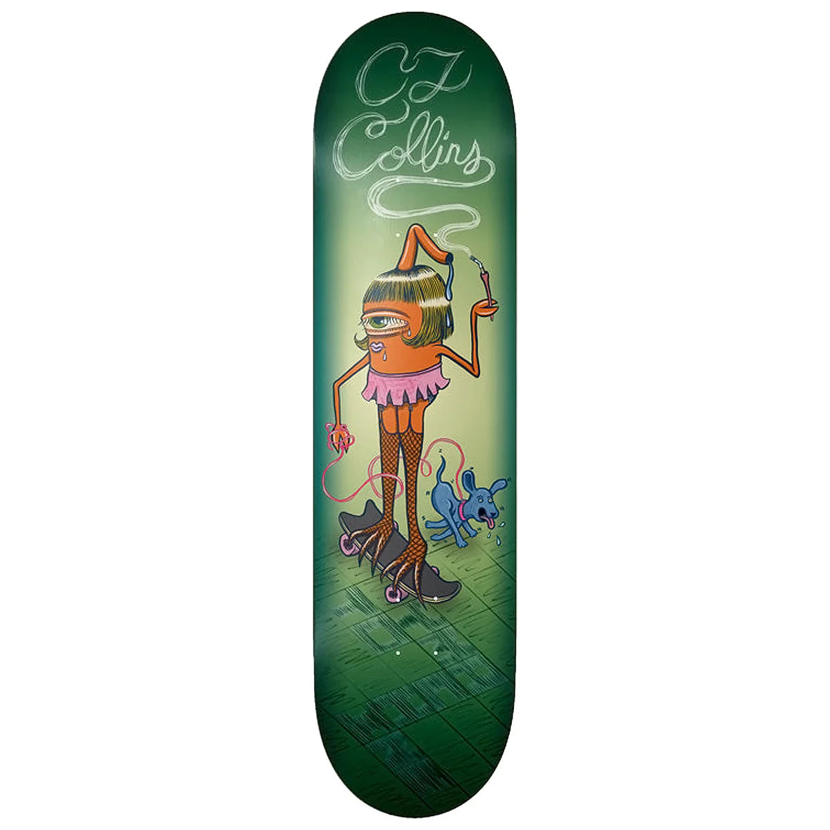 Skateboard deck with a colorful illustration of a character smoking a cigarette on a green background.