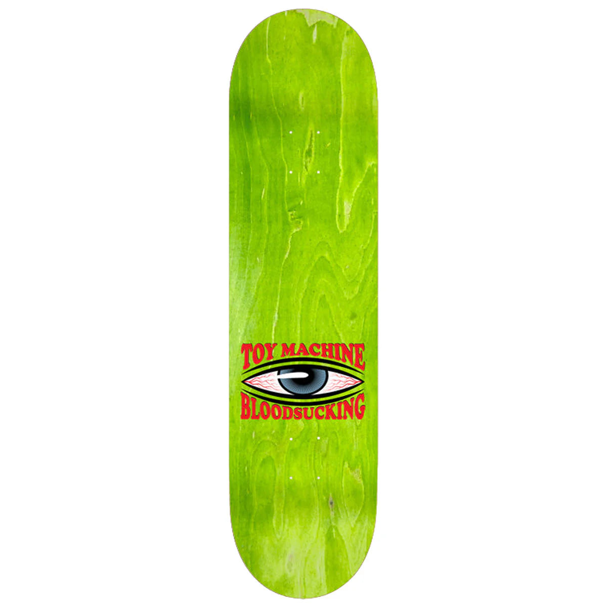 Green skateboard deck with 'Toy Machine' logo on a white background