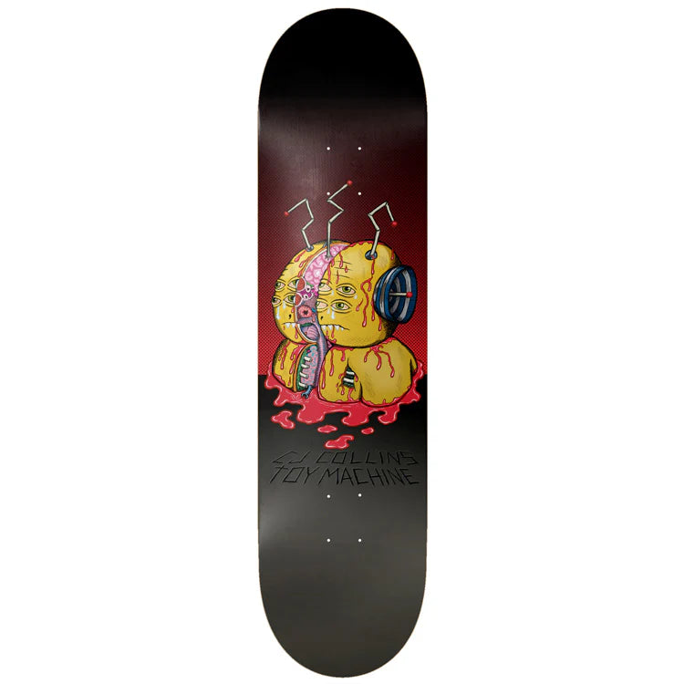 Skateboard deck with a graphic design of a face with headphones and text on a dark background