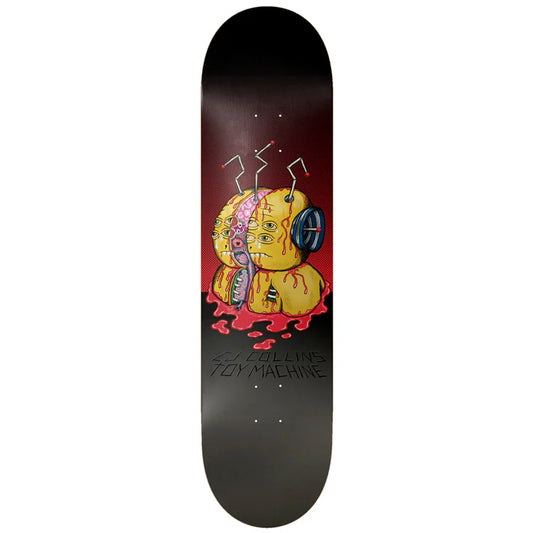 Skateboard deck with a graphic design of a face with headphones and text on a dark background