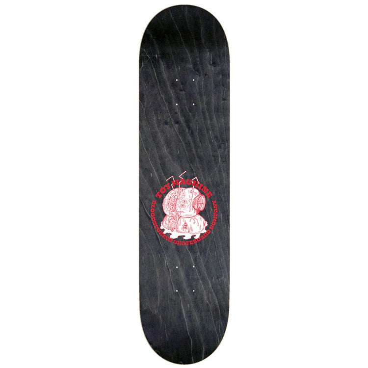 Skateboard deck with a red graphic design on a white background