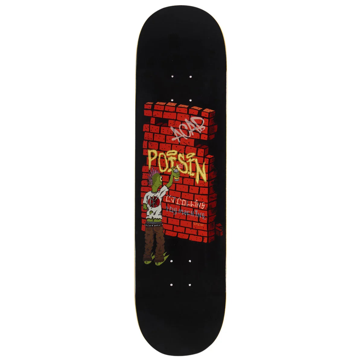 A black skateboard deck featuring a graphic illustration of a brick wall with graffiti and the word 'POSSIN' in yellow, shown against a plain white background.
