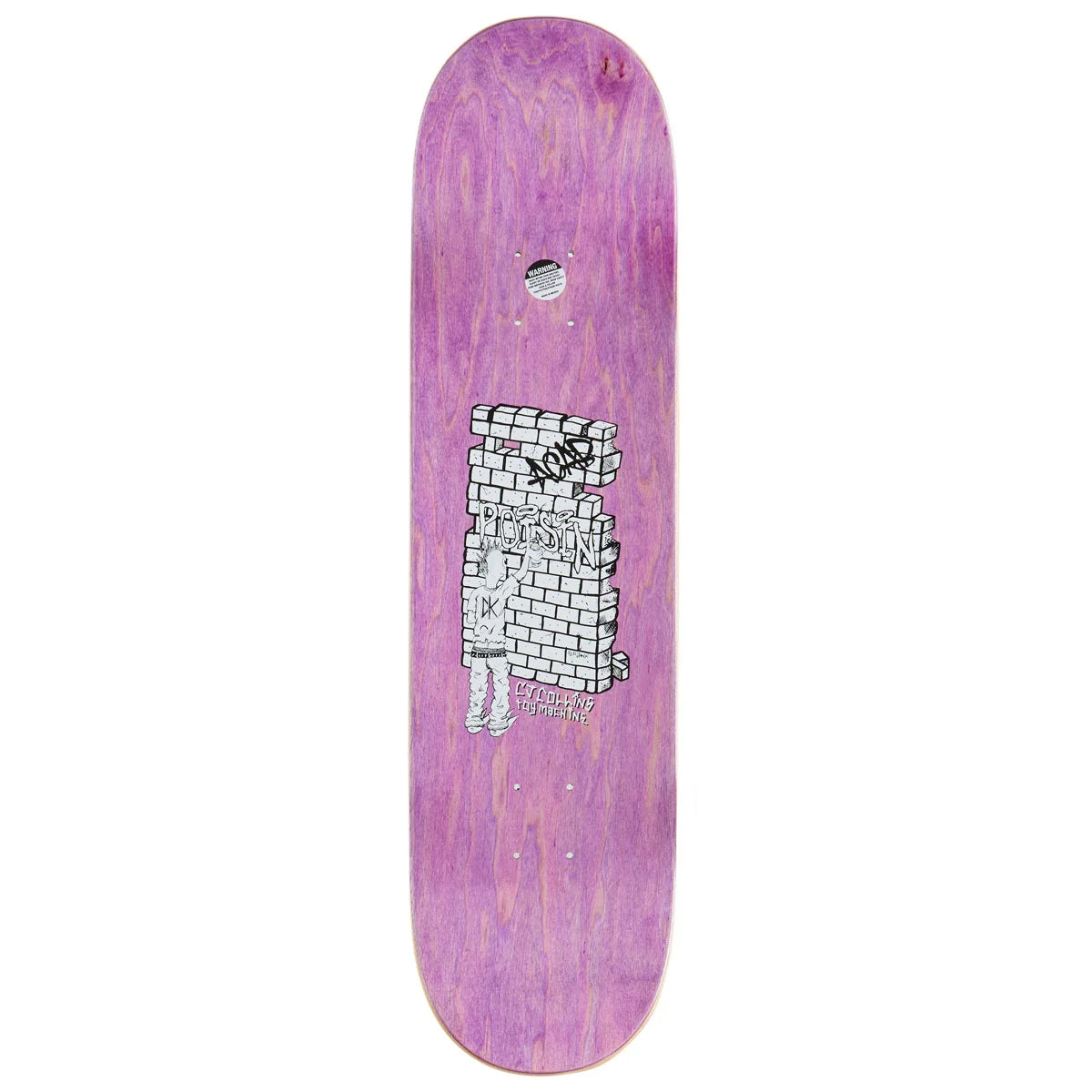 A purple skateboard deck with a central graphic of a brick wall character wearing a black and white striped shirt, set against a plain white background.