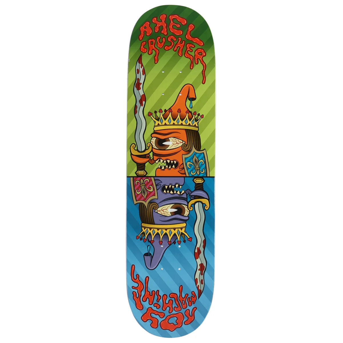 A skateboard deck featuring a symmetrical, split-color graphic design with a green upper half and a blue lower half, each showing a stylized crowned skull holding a sword. The words 'ANHEL CRUSHER' appear in red at the top and bottom.