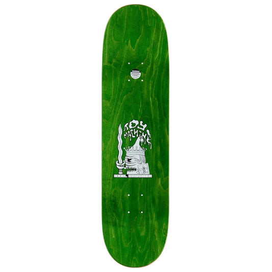 A green wood-grain skateboard deck with a white graphic in the center featuring a skull and the text 'ROK U' and 'HARAKU'.