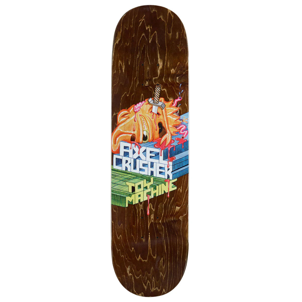 Skateboard deck with colorful graphics and text on a white background