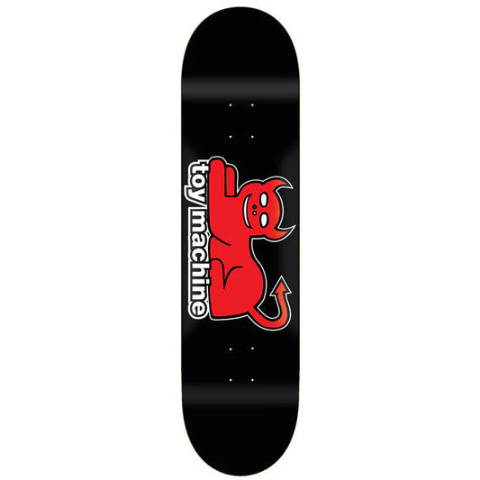 Black skateboard deck with red and white 'toy machine' logo on a white background