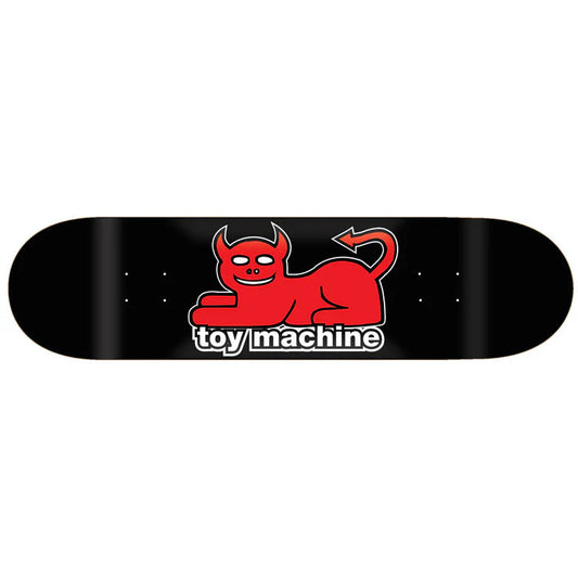 Skateboard deck with red devil graphic and 'toy machine' text on a black background
