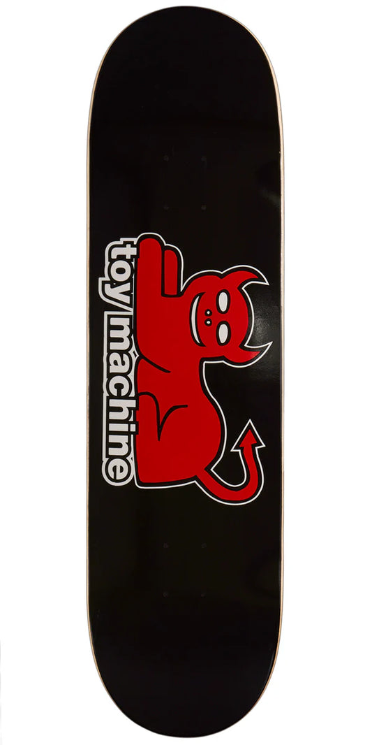 Black skateboard deck with red and white graphic design on a white background