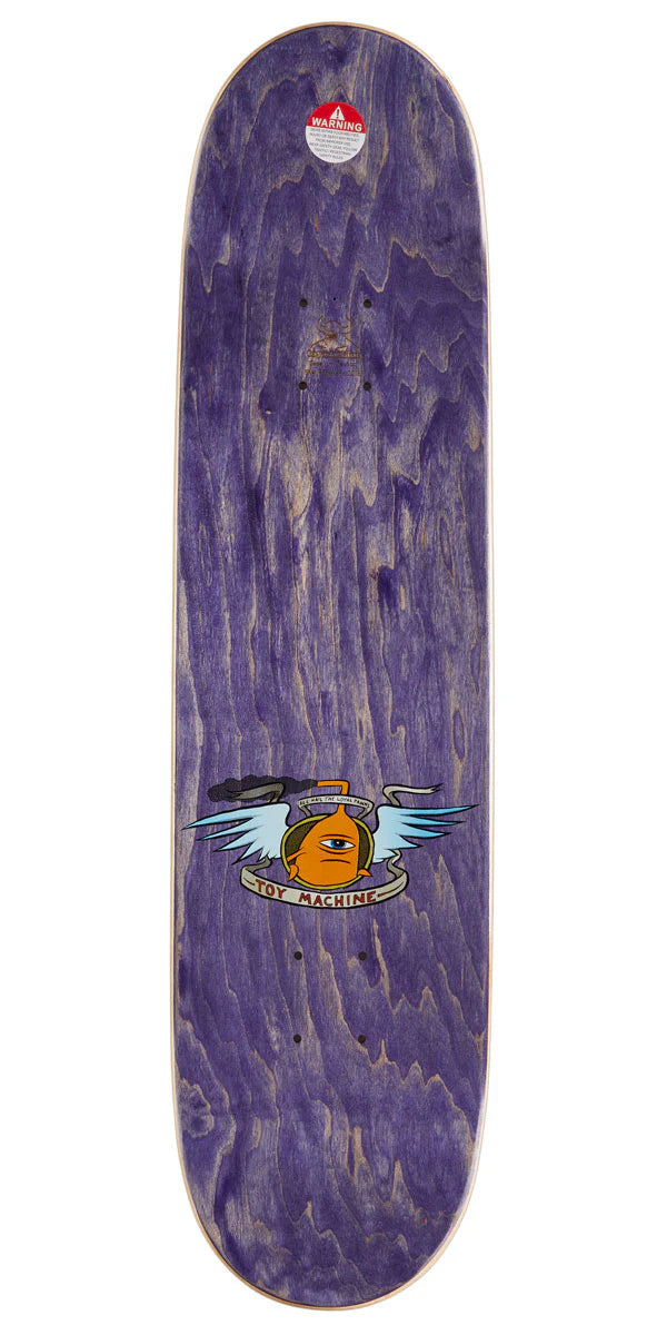 Purple skateboard deck with a graphic design on a white background