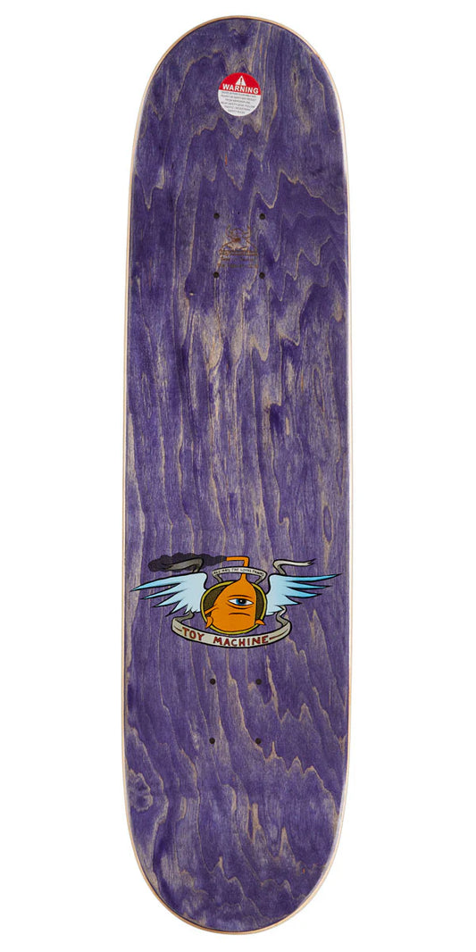 Purple skateboard deck with a graphic design on a white background