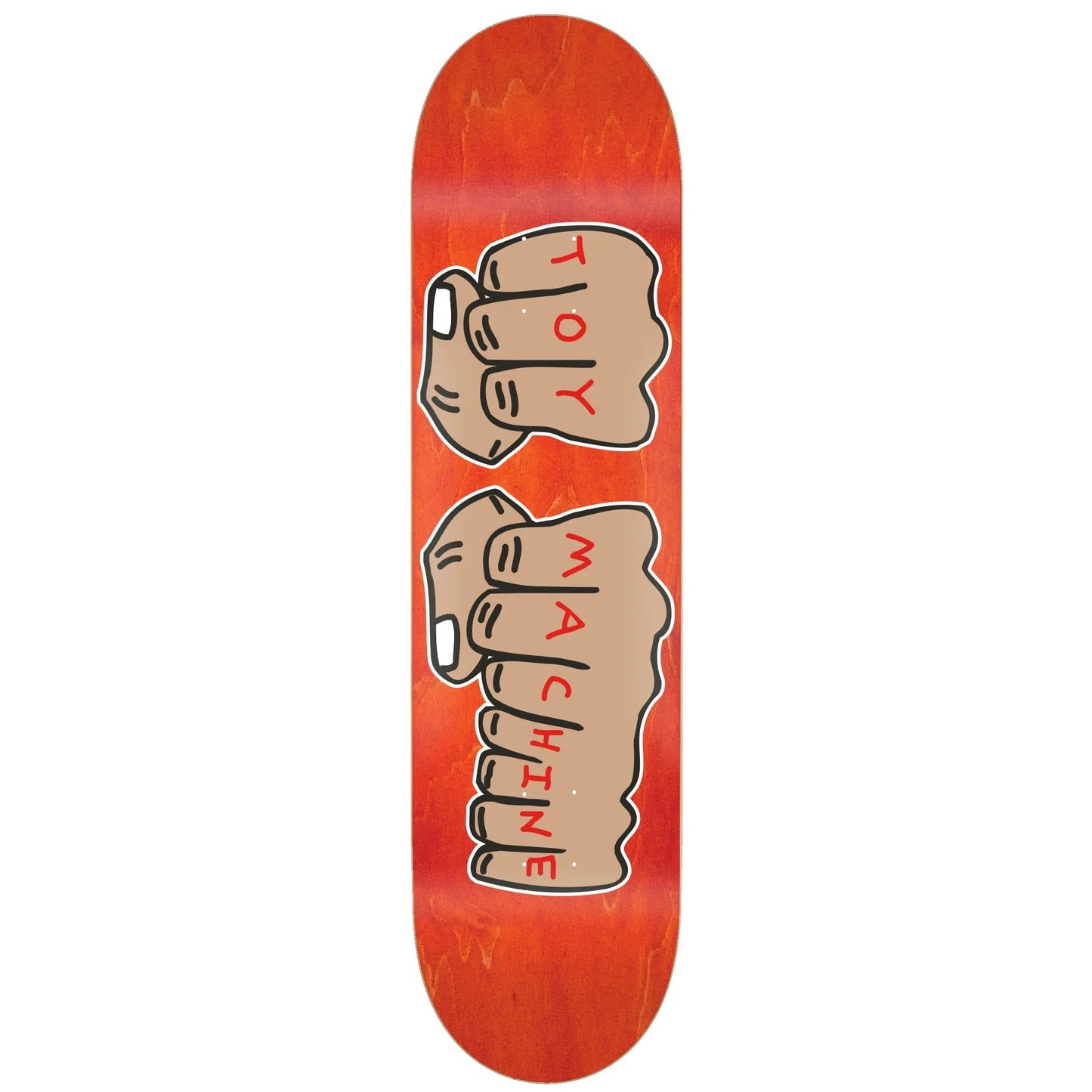 Skateboard deck with fists and 'Toy Machine' text on an orange background