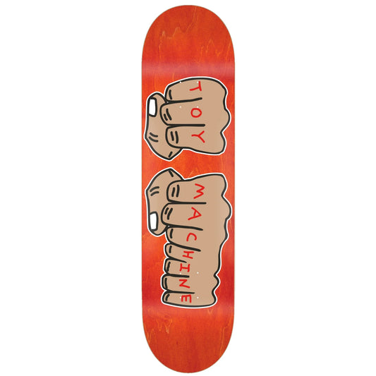 Skateboard deck with fists and 'Toy Machine' text on an orange background