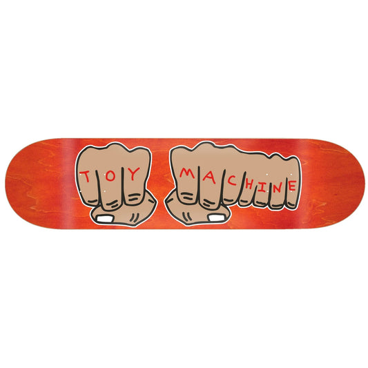 Skateboard deck with 'Toy Machine' logo on a red background